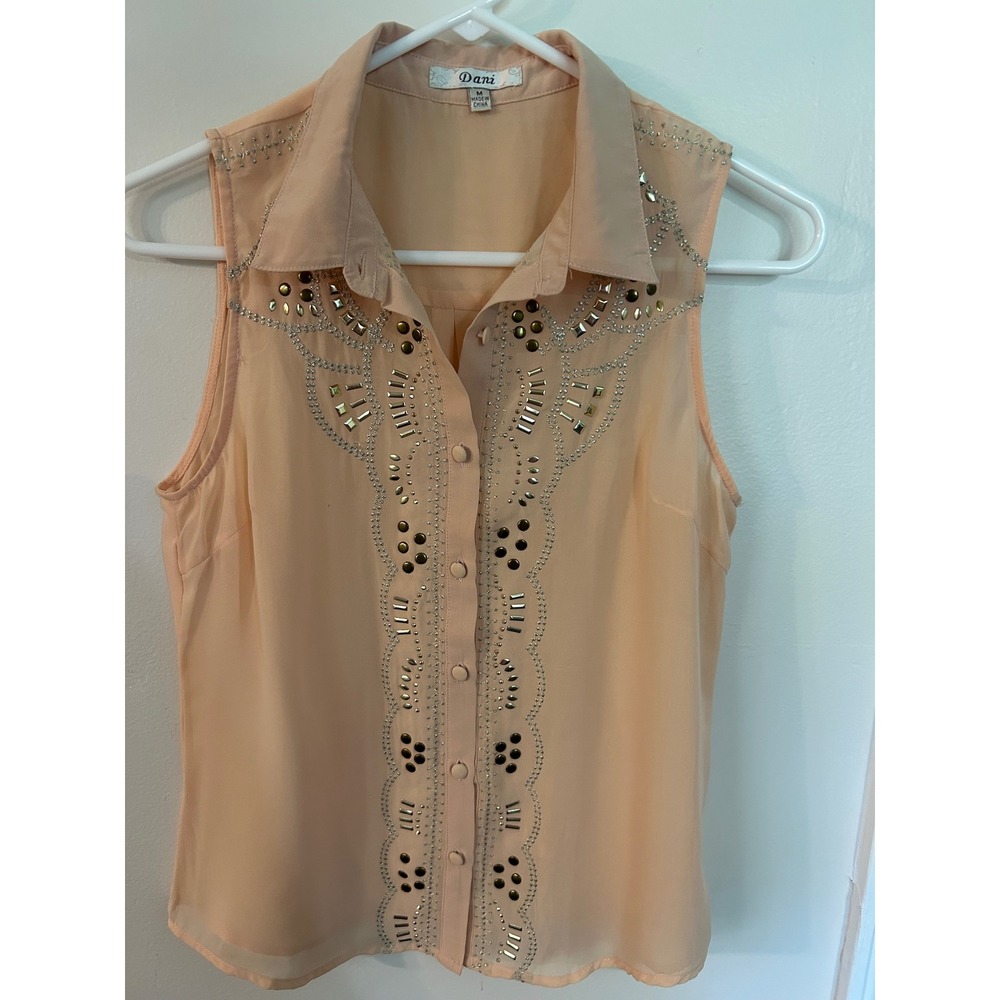 Dani Peach Sleeveless Chiffon Blouse Medium Rhinestone Studded Western Top